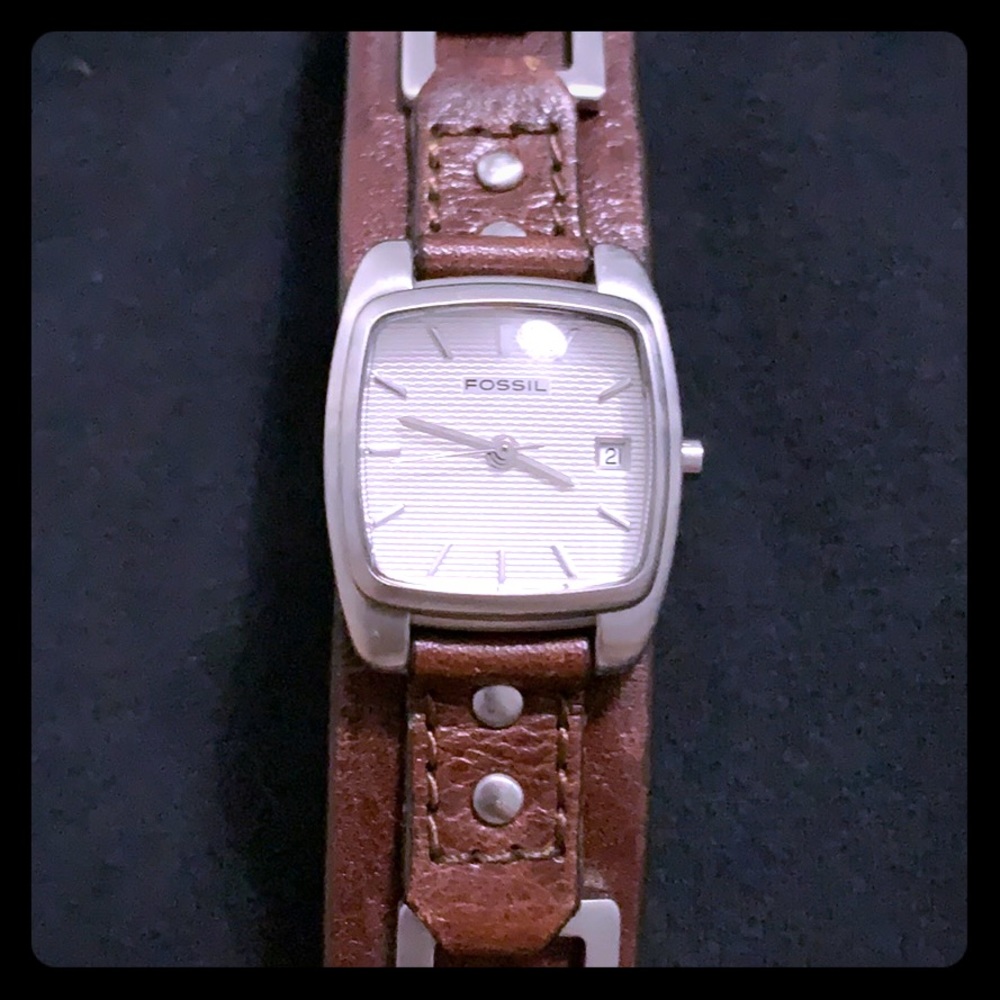 Fossil watch with brown leather band